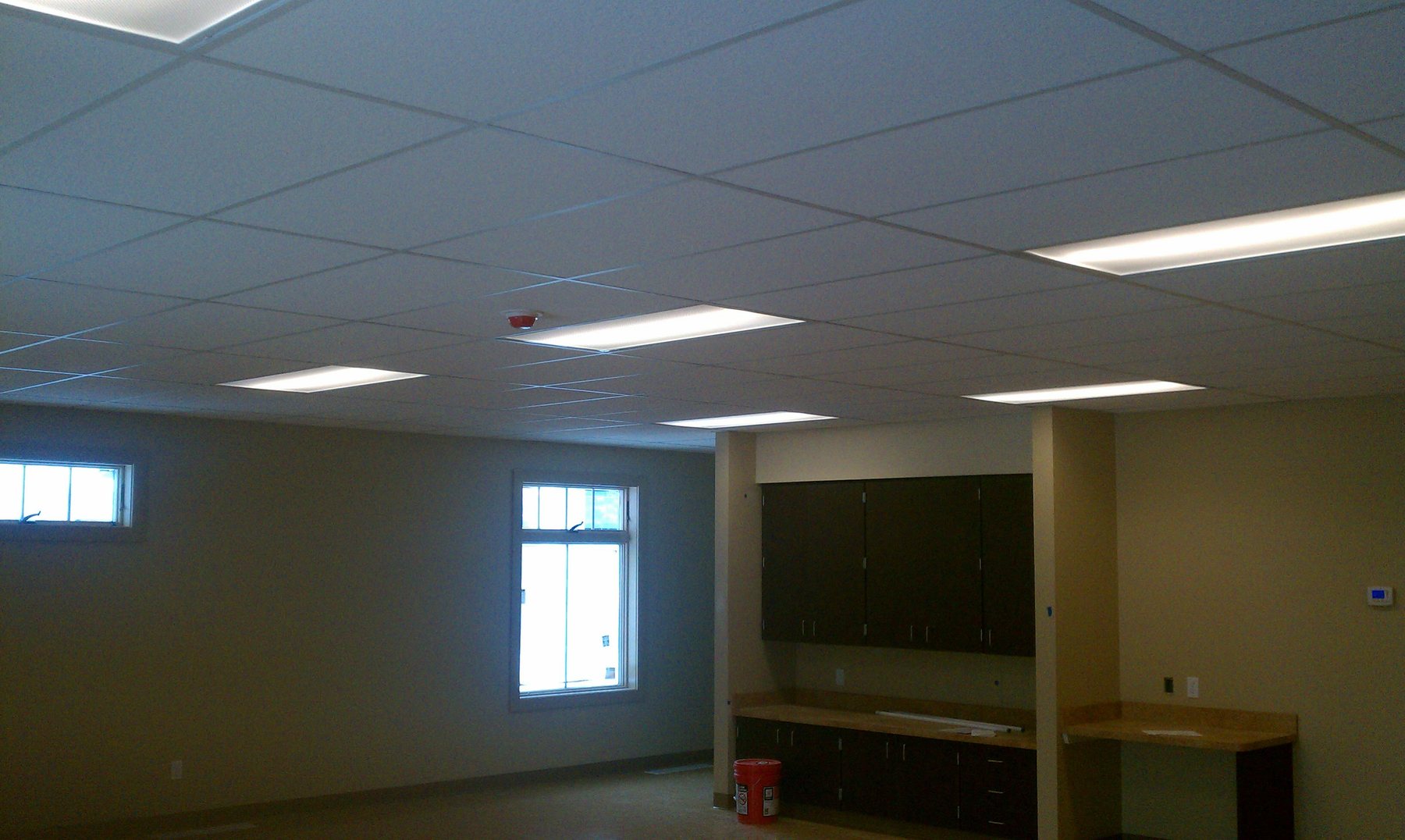Finished suspended ceiling in a large education interior